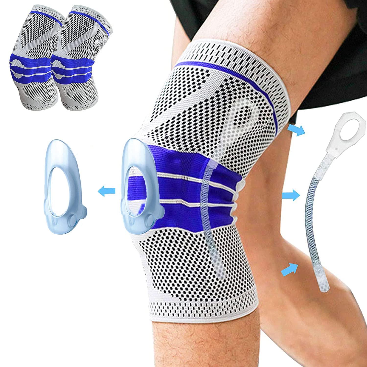 Manga de rodilla de compresión con almohadilla de gel de rótula y estabilizadores laterales
